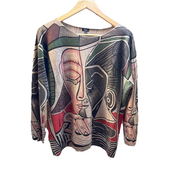 Shana Sweater Medium Abstract Face Print Art Pullover Drop Shoulder Taupe Multi - Picture 1 of 13